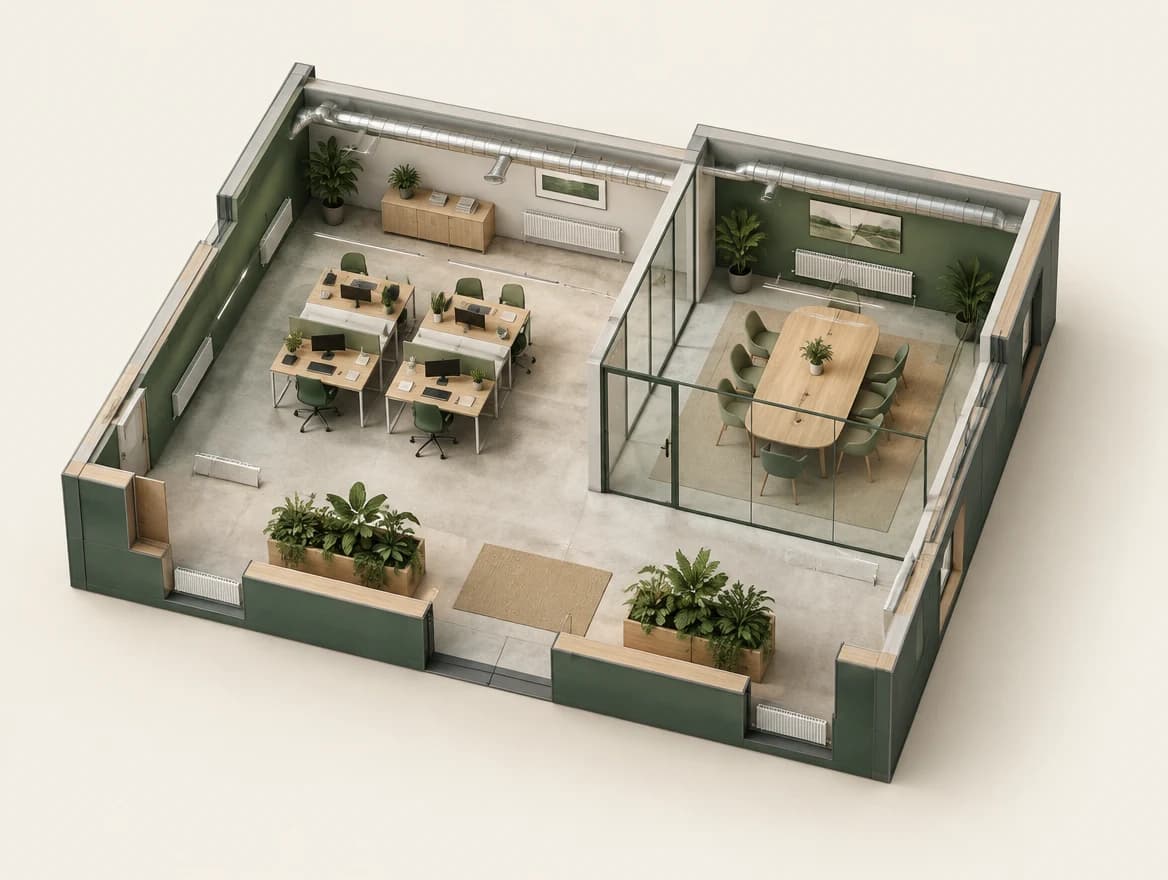 Vue en coupe de bureaux, salle de réunion vitrée et circulation