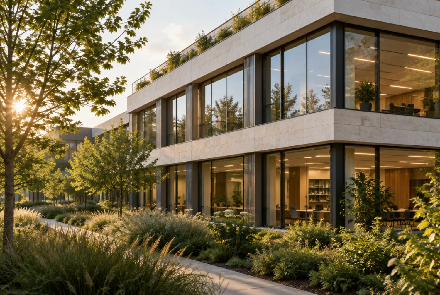 Bâtiment de bureaux contemporain avec de grandes baies vitrées et des espaces végétalisés
